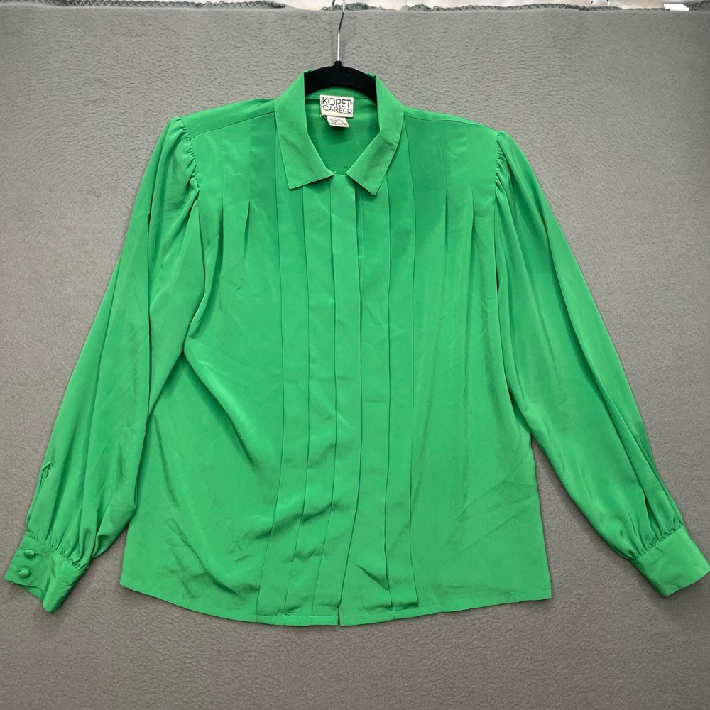 Koret Career Women Blouse Green Polyester 6 Vintage Pleated 80s Retro Top